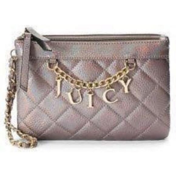 Juicy Couture womens wristlet Iridescent Pewter Quilted Chain Accent Logo New - Picture 1 of 9